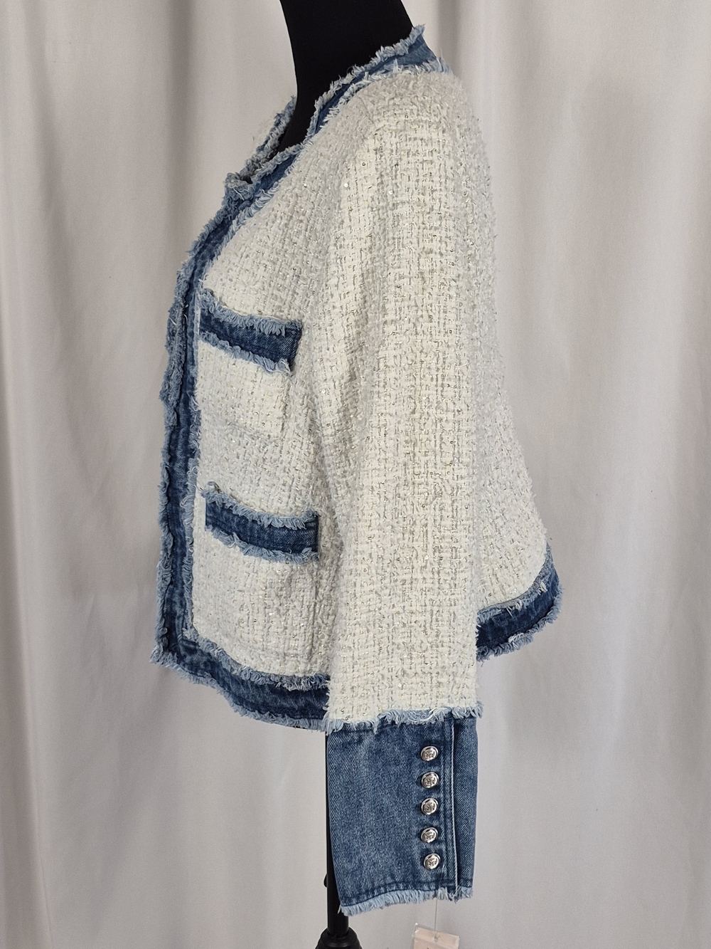 Nanette Lepore Tweed & Frayed Denim Jacket w/ Metallic Thread Sequins - Size XL - Picture 4 of 16